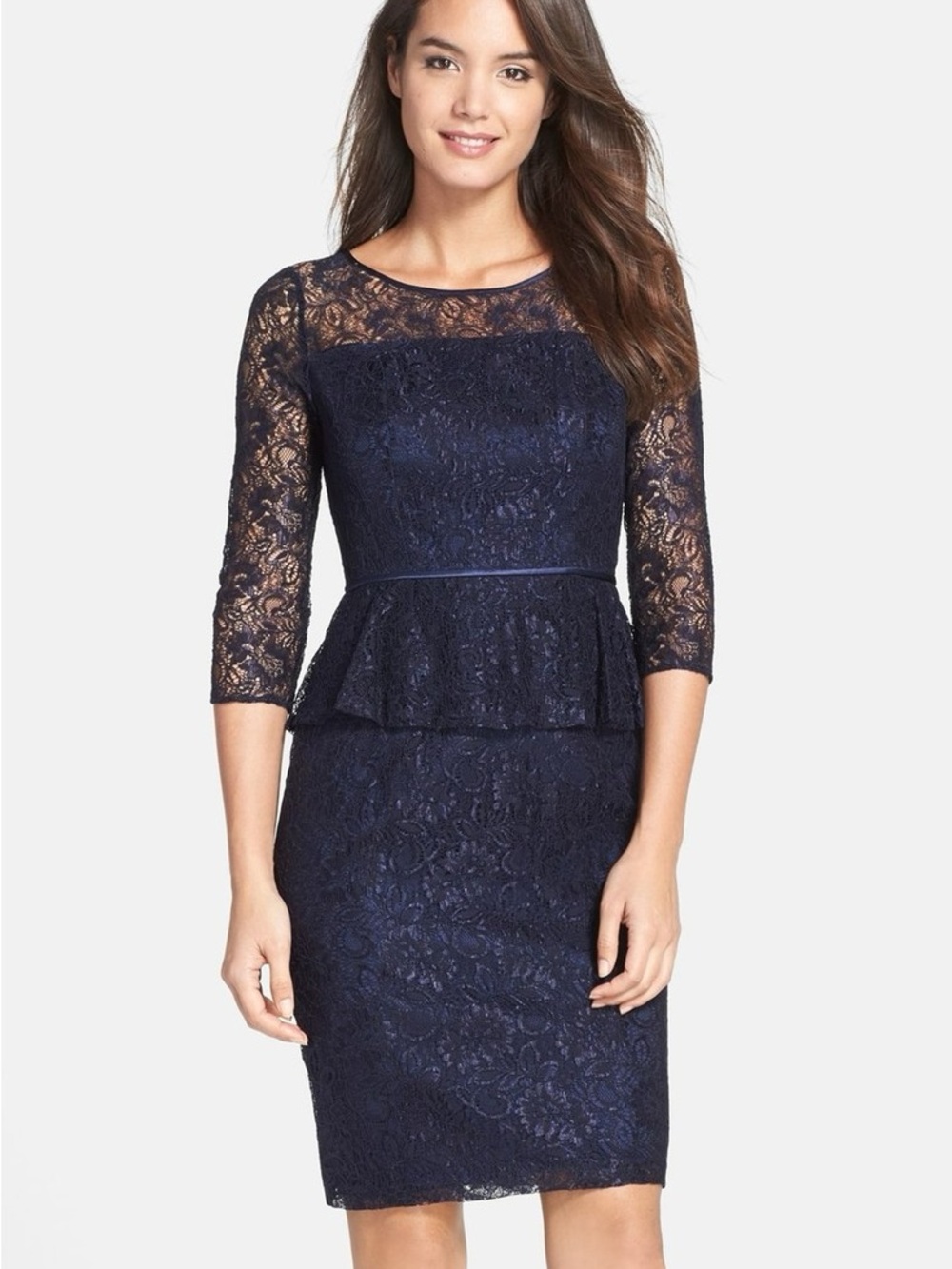 Adrianna Papell Navy Lace Peplum Midi Cocktail Dress size 8p.